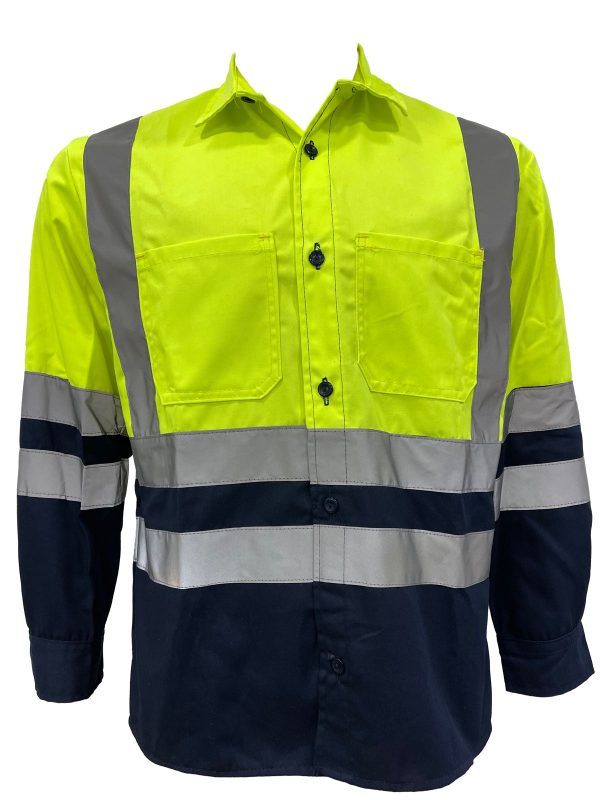 Camisa de trabajo hi- viz amarillo y azul con reflectivo 3M